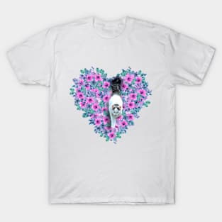 White and Grey Cat with Fluffy Tail and Watercolor Flower Heart on the Background, Painting T-Shirt